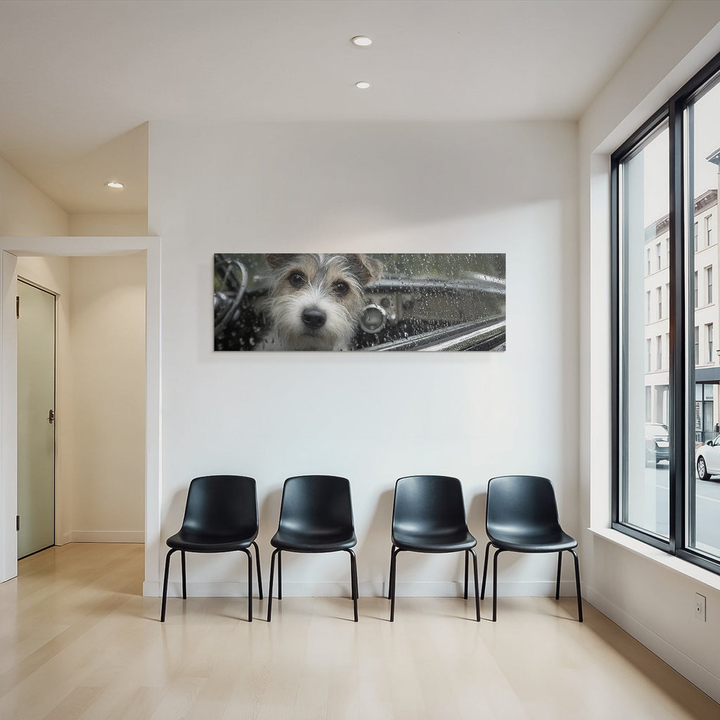Hund Im Autofenster Regentropfen Auf Scheibe Neugierig Und Aufmerksam