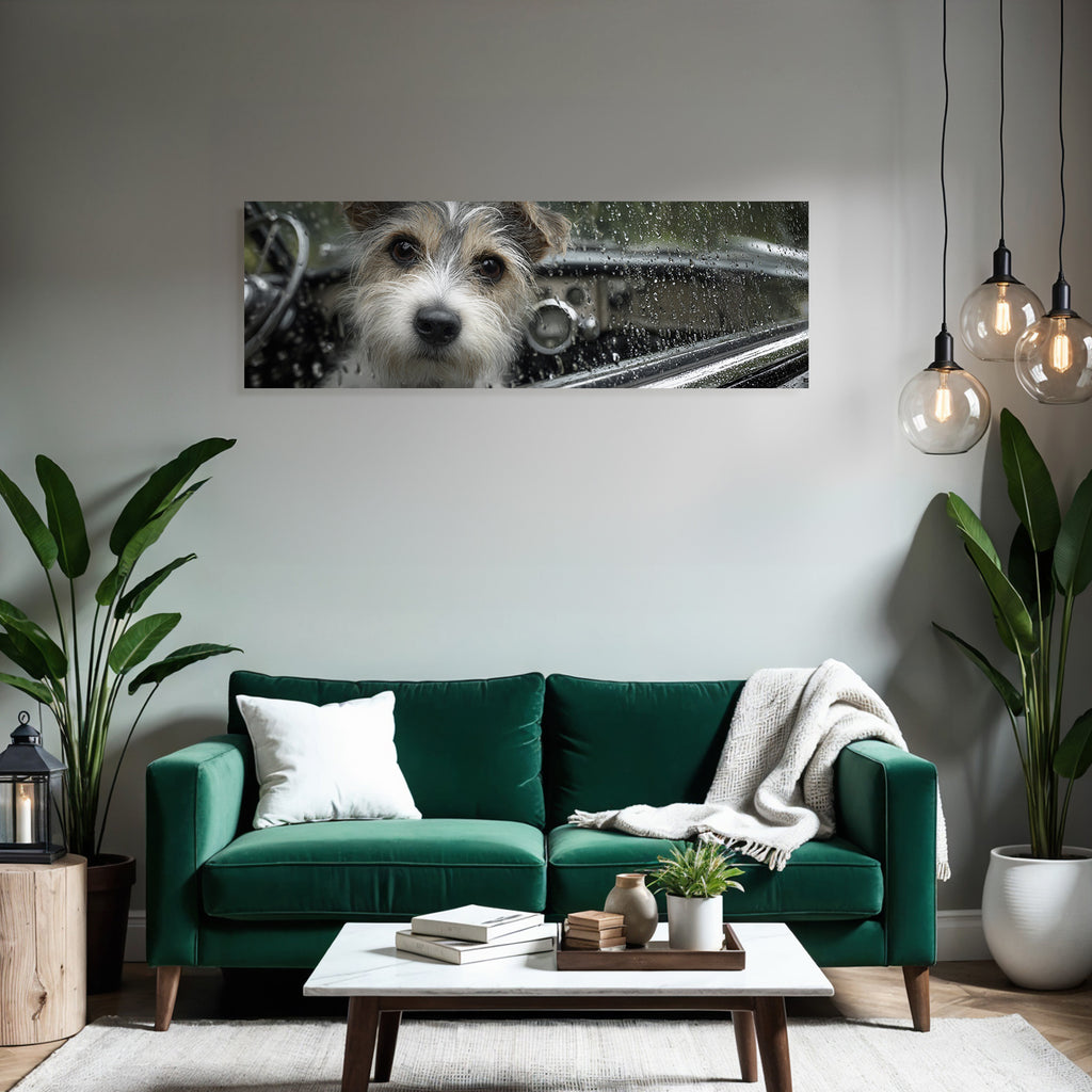 Hund Im Autofenster Regentropfen Auf Scheibe Neugierig Und Aufmerksam