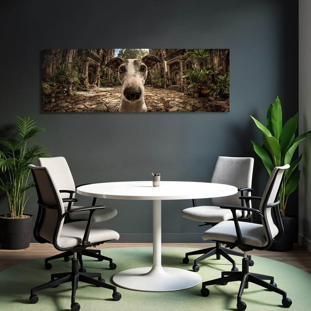 Hund In Einem Mystischen Ort Mit Alter Architektur Und Grünem Hintergrund