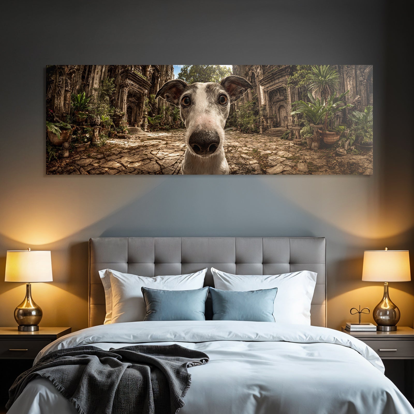 Hund In Einem Mystischen Ort Mit Alter Architektur Und Grünem Hintergrund