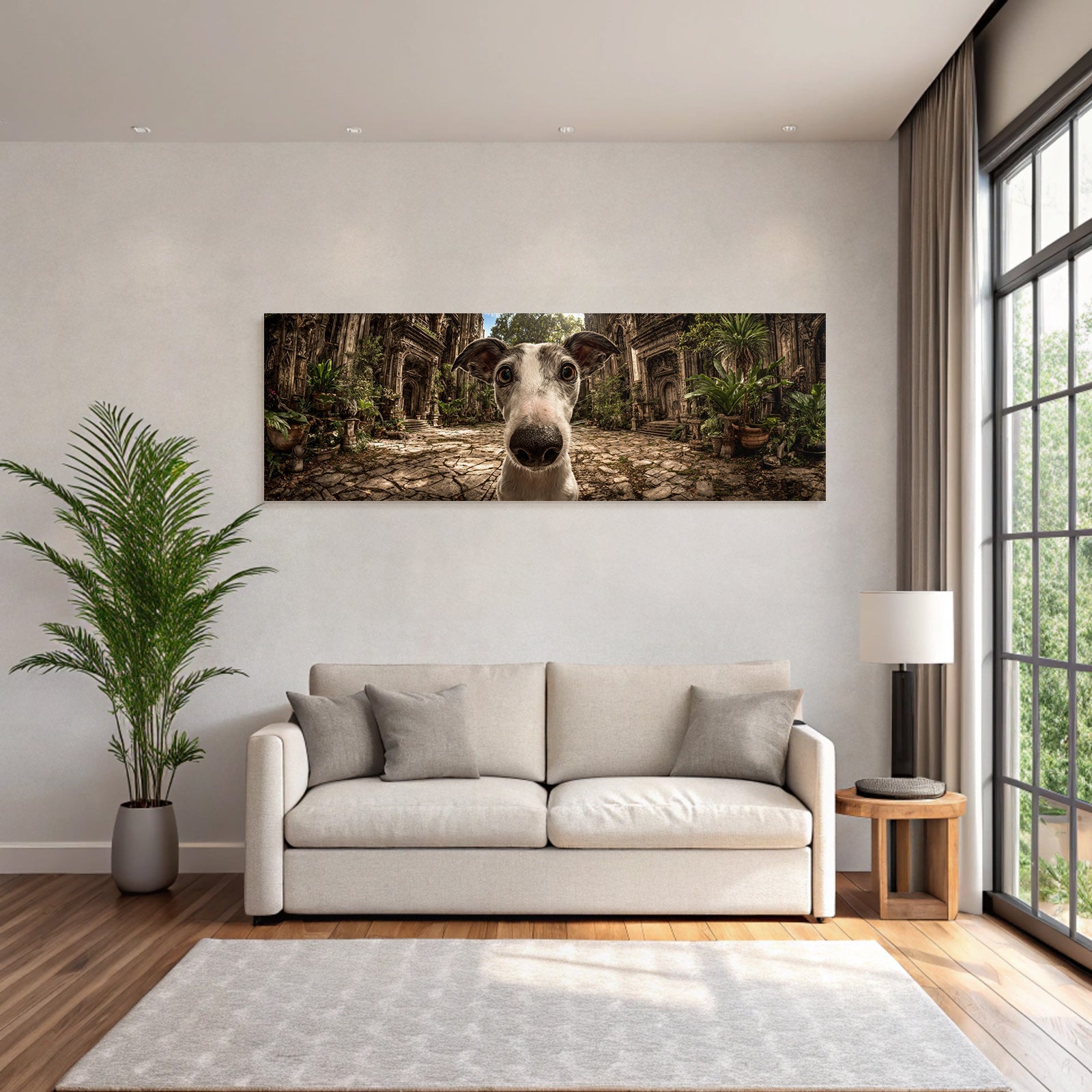 Hund In Einem Mystischen Ort Mit Alter Architektur Und Grünem Hintergrund