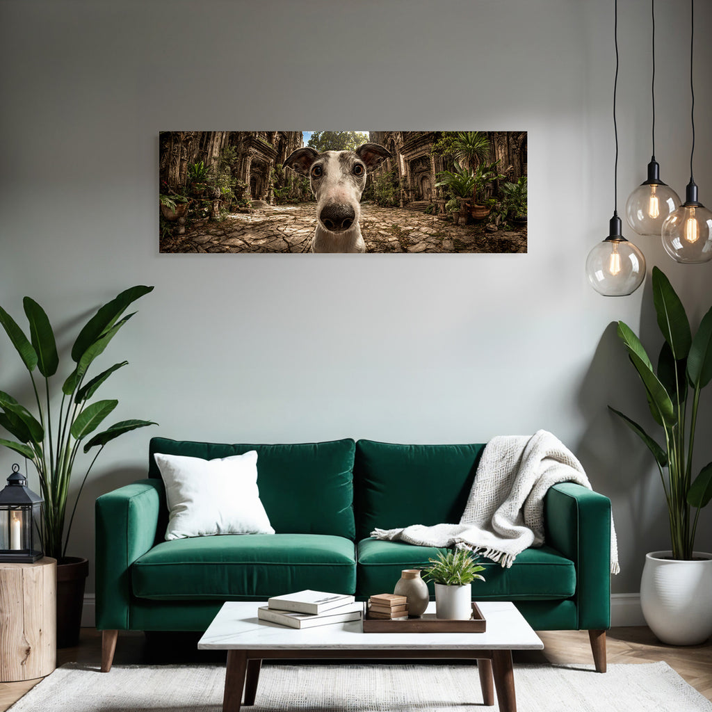 Hund In Einem Mystischen Ort Mit Alter Architektur Und Grünem Hintergrund