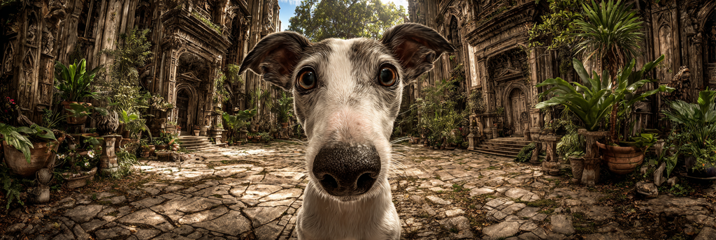 Hund In Einem Mystischen Ort Mit Alter Architektur Und Grünem Hintergrund | Katzen und Hunde | Tiere