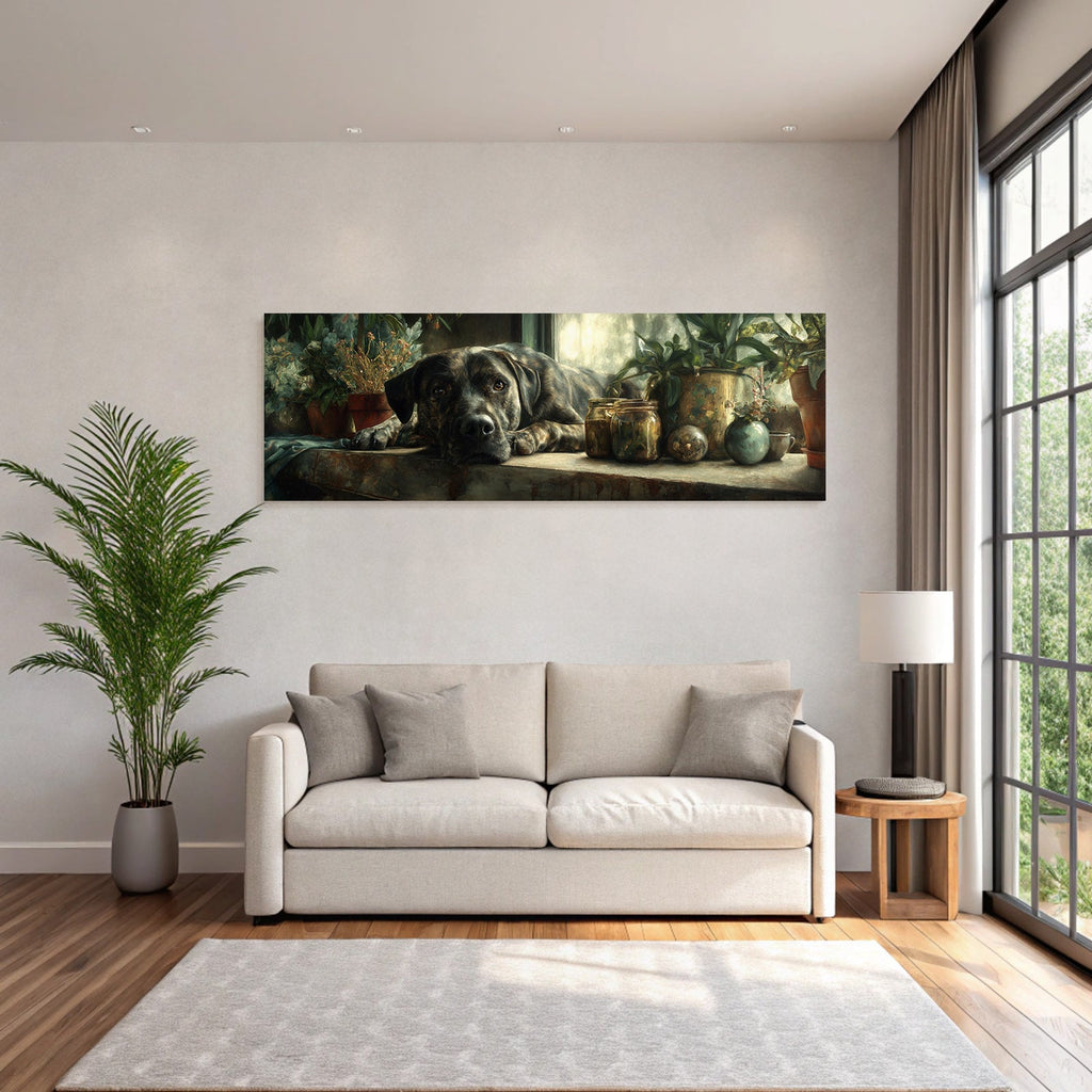 Hund Ruhend Mit Pflanzen Im Hintergrund