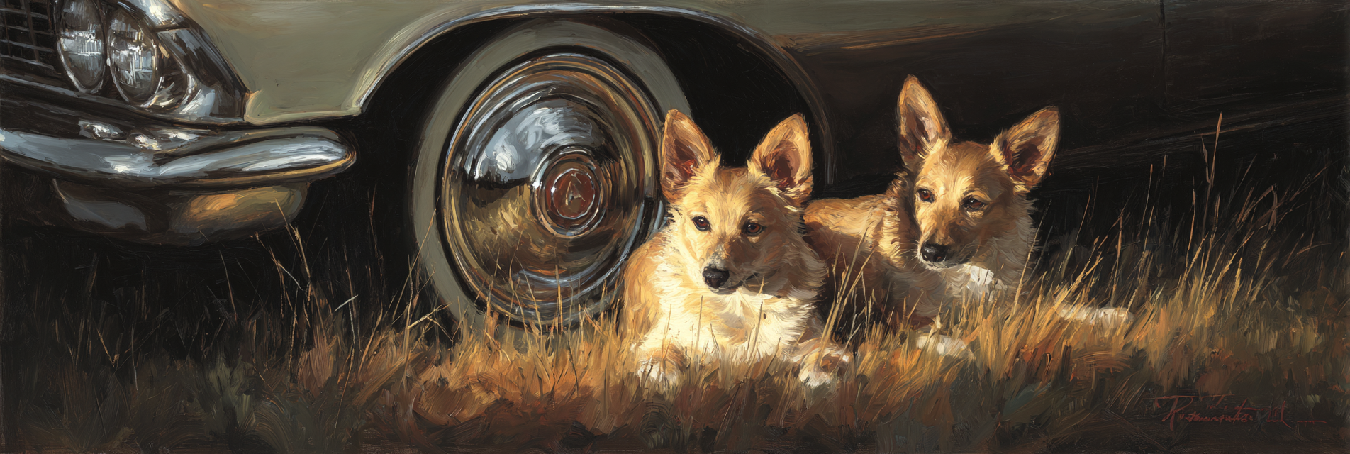 Zwei Corgis Entspannen Im Gras Neben Einem Vintage Auto | Katzen und Hunde | Tiere