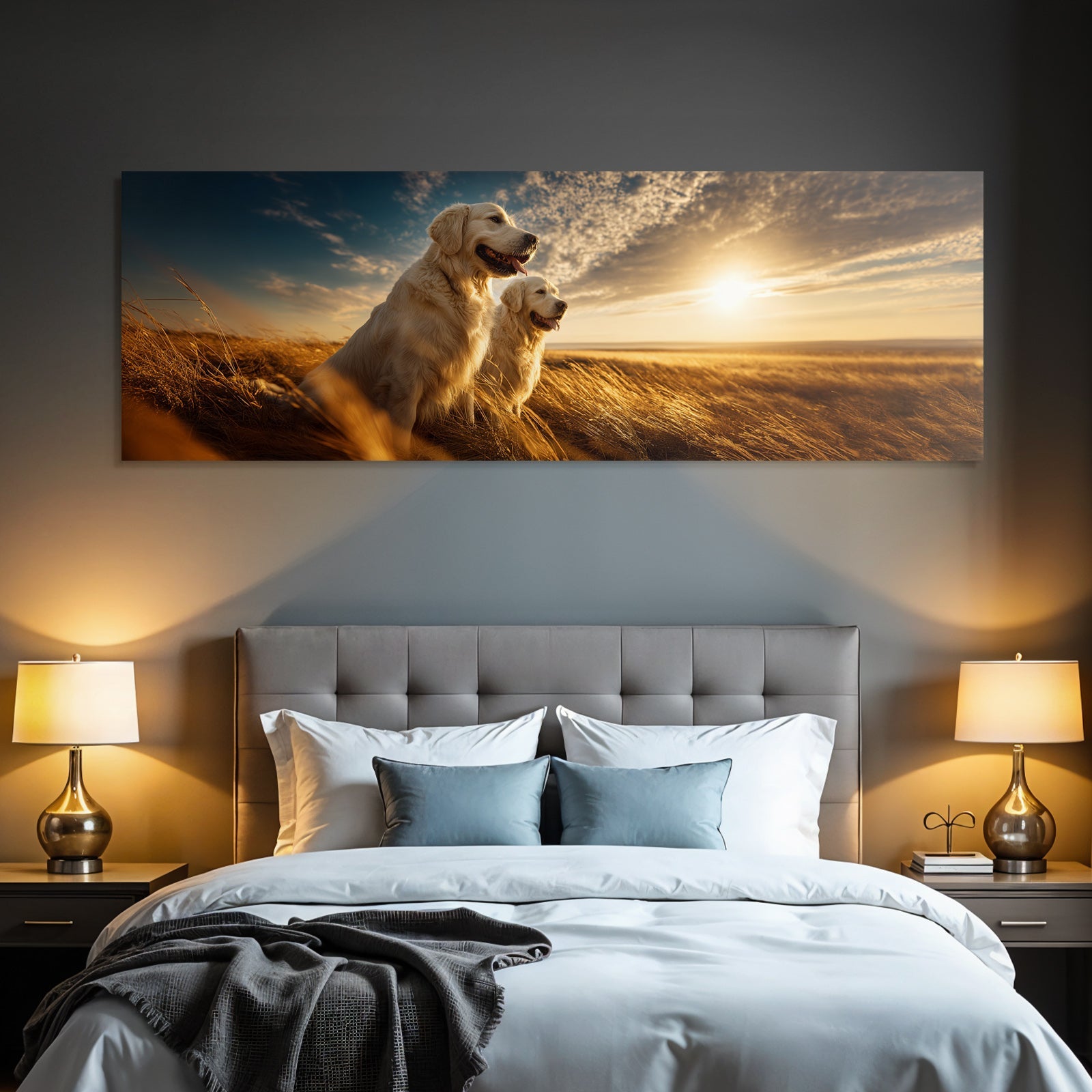 Zwei Golden Retriever Im Feld Bei Sonnenuntergang