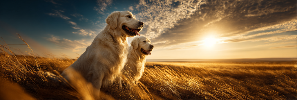 Zwei Golden Retriever Im Feld Bei Sonnenuntergang | Katzen und Hunde | Tiere