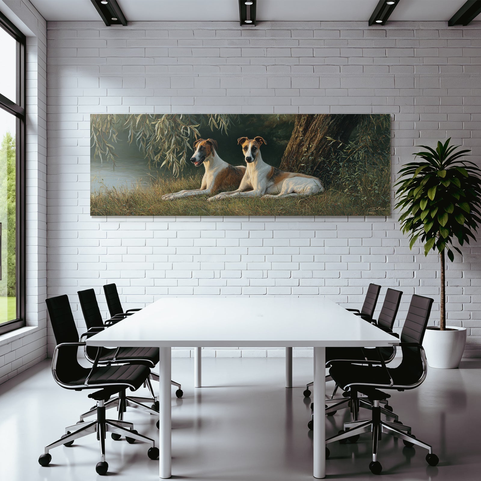 Zwei Im Grüne Neben Einem Wasserlauf Kunstwerk