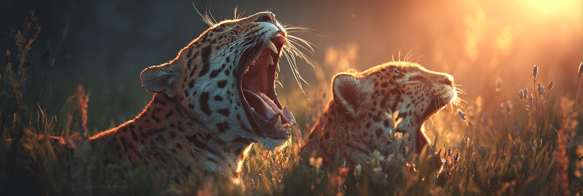 Zwei Leoparden Gähnen In Der Natur Umgeben Von Grünem Laub | Katzen und Hunde | Tiere