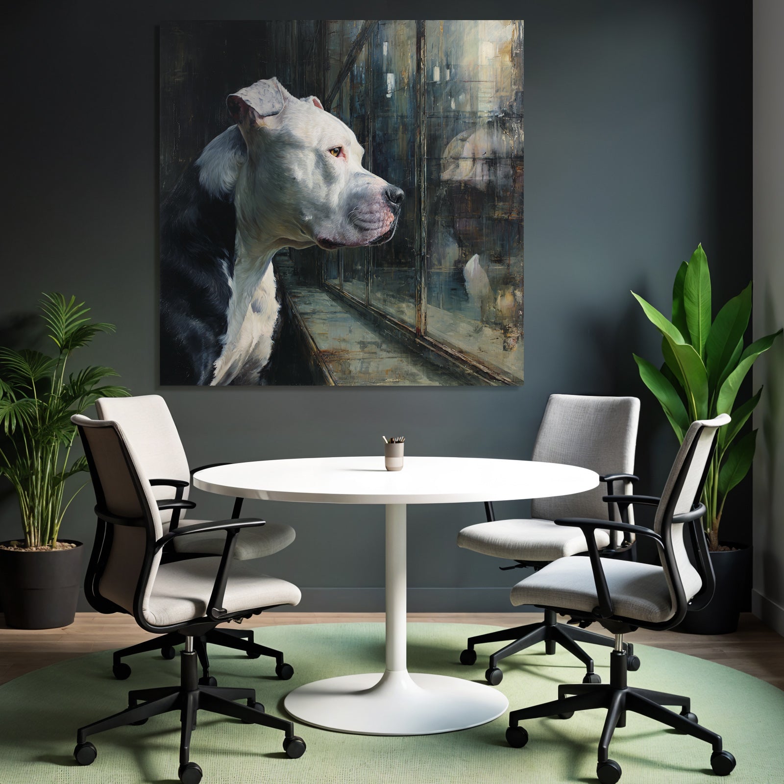 American Pit Bull Terrier Nachdenklich Hinter Glass Fenster Reflexion