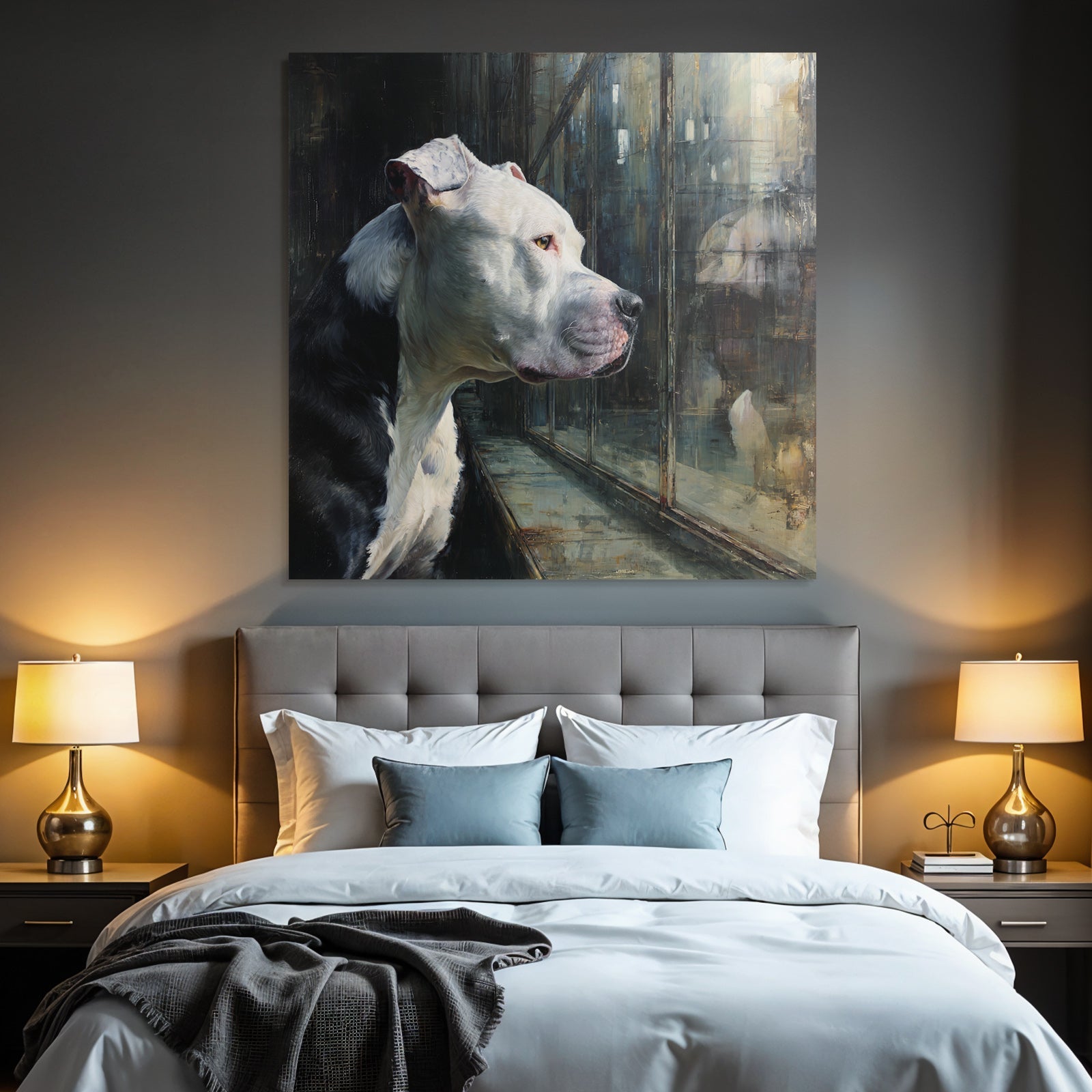 American Pit Bull Terrier Nachdenklich Hinter Glass Fenster Reflexion