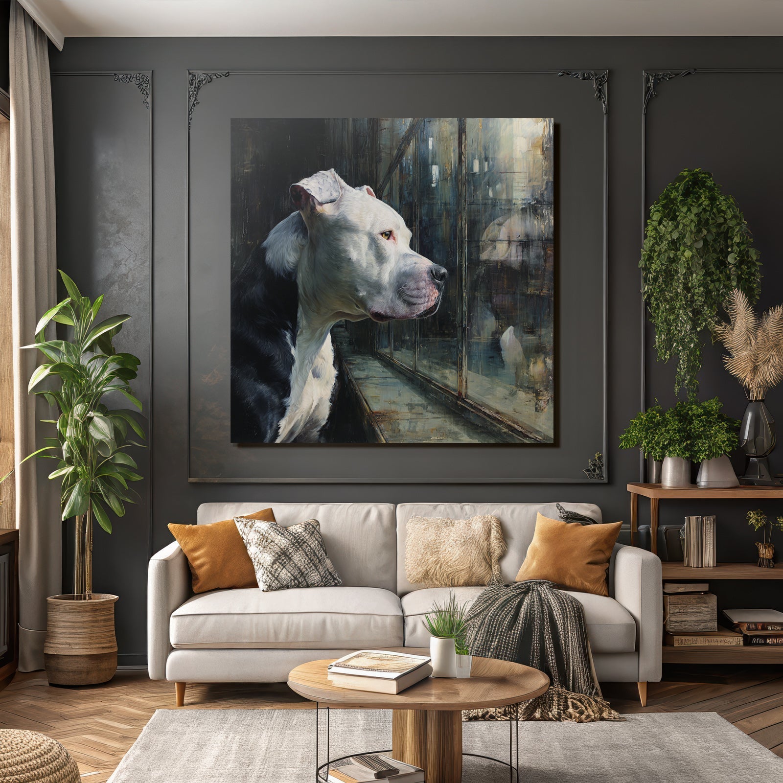 American Pit Bull Terrier Nachdenklich Hinter Glass Fenster Reflexion
