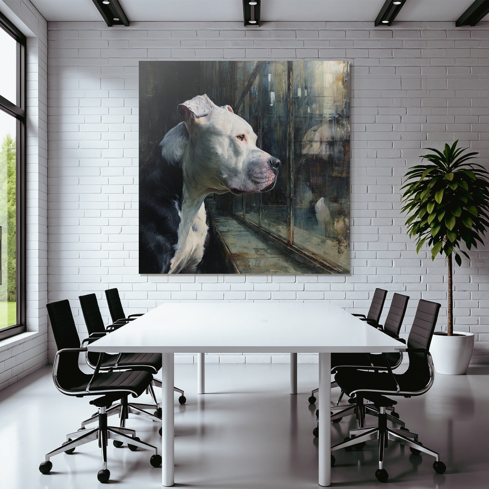 American Pit Bull Terrier Nachdenklich Hinter Glass Fenster Reflexion