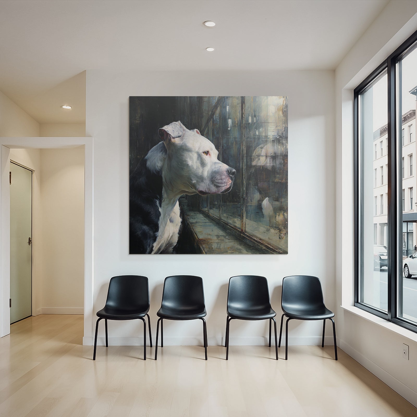 American Pit Bull Terrier Nachdenklich Hinter Glass Fenster Reflexion