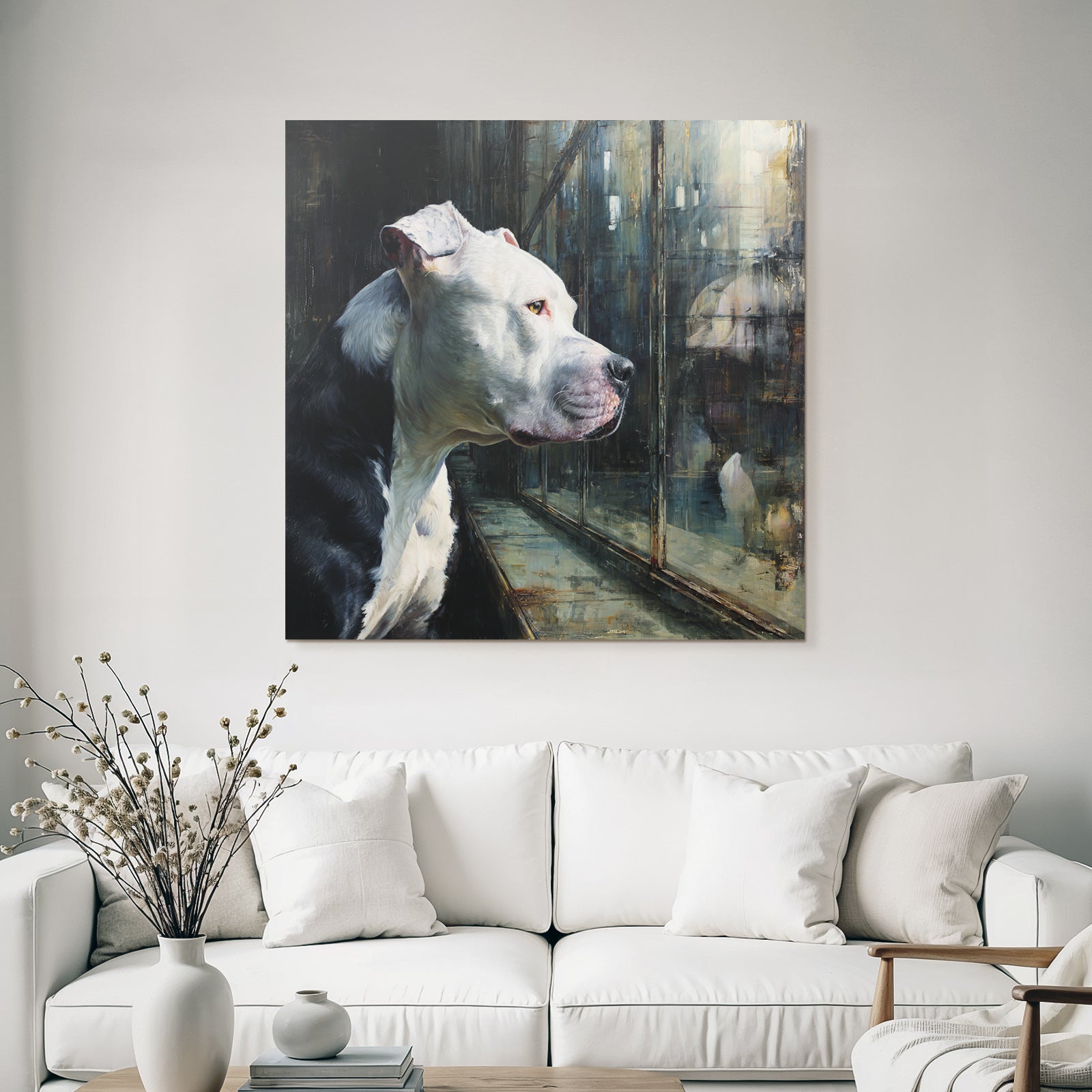American Pit Bull Terrier Nachdenklich Hinter Glass Fenster Reflexion