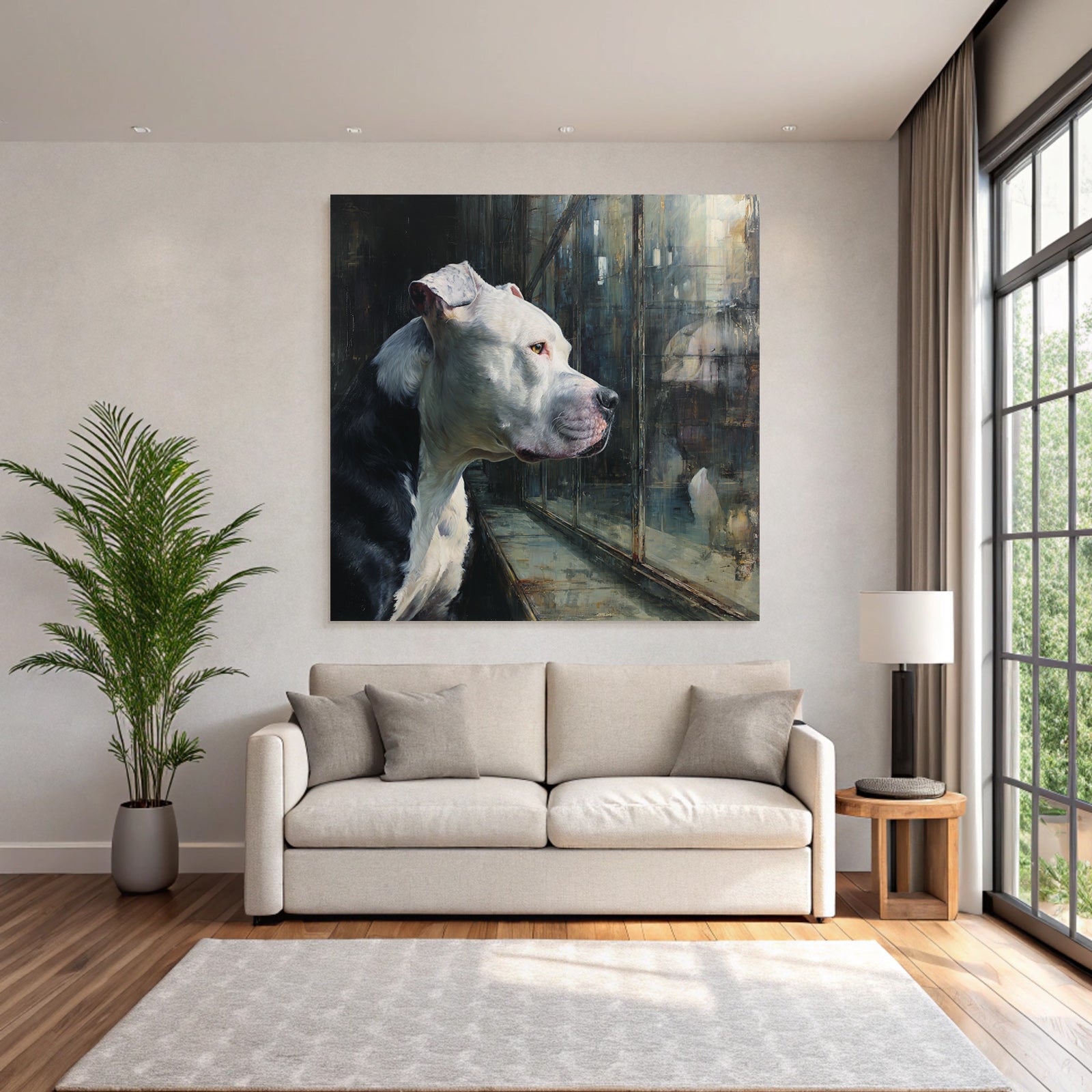 American Pit Bull Terrier Nachdenklich Hinter Glass Fenster Reflexion