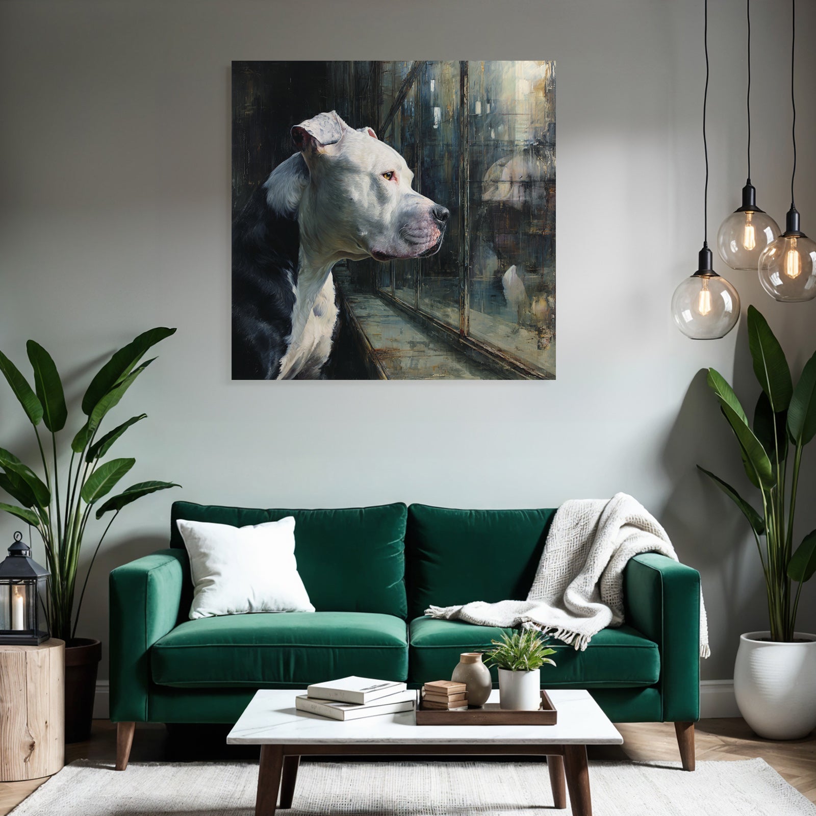 American Pit Bull Terrier Nachdenklich Hinter Glass Fenster Reflexion