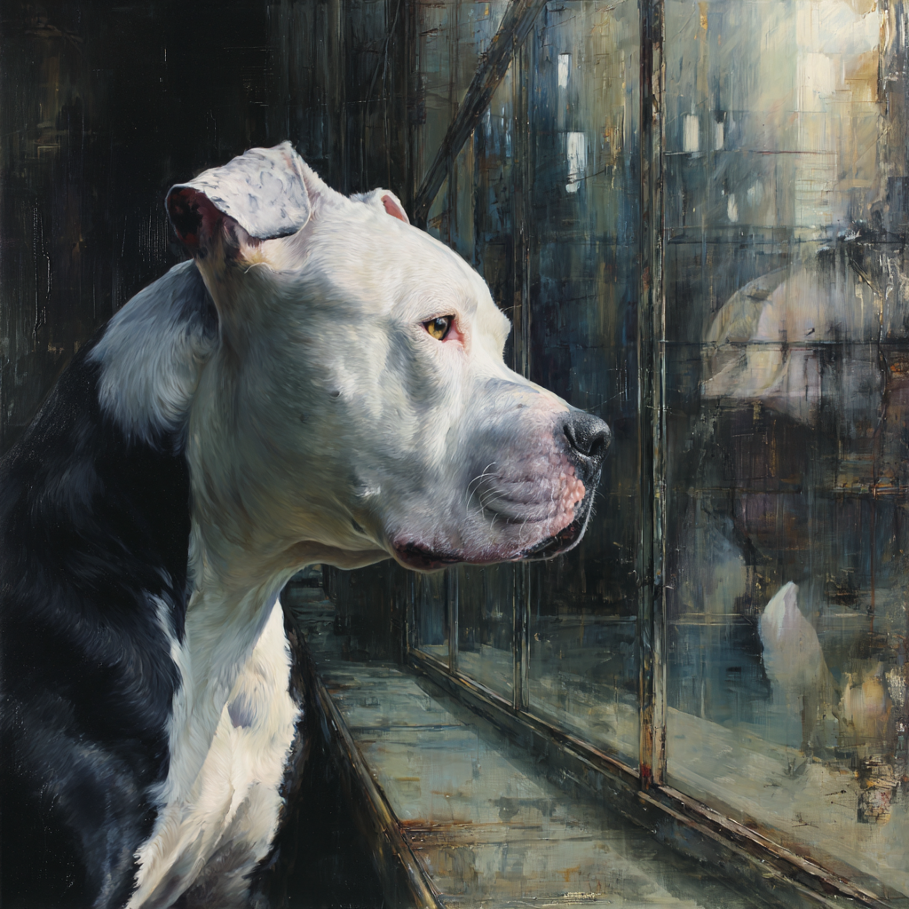 American Pit Bull Terrier Nachdenklich Hinter Glass Fenster Reflexion | Katzen und Hunde | Tiere