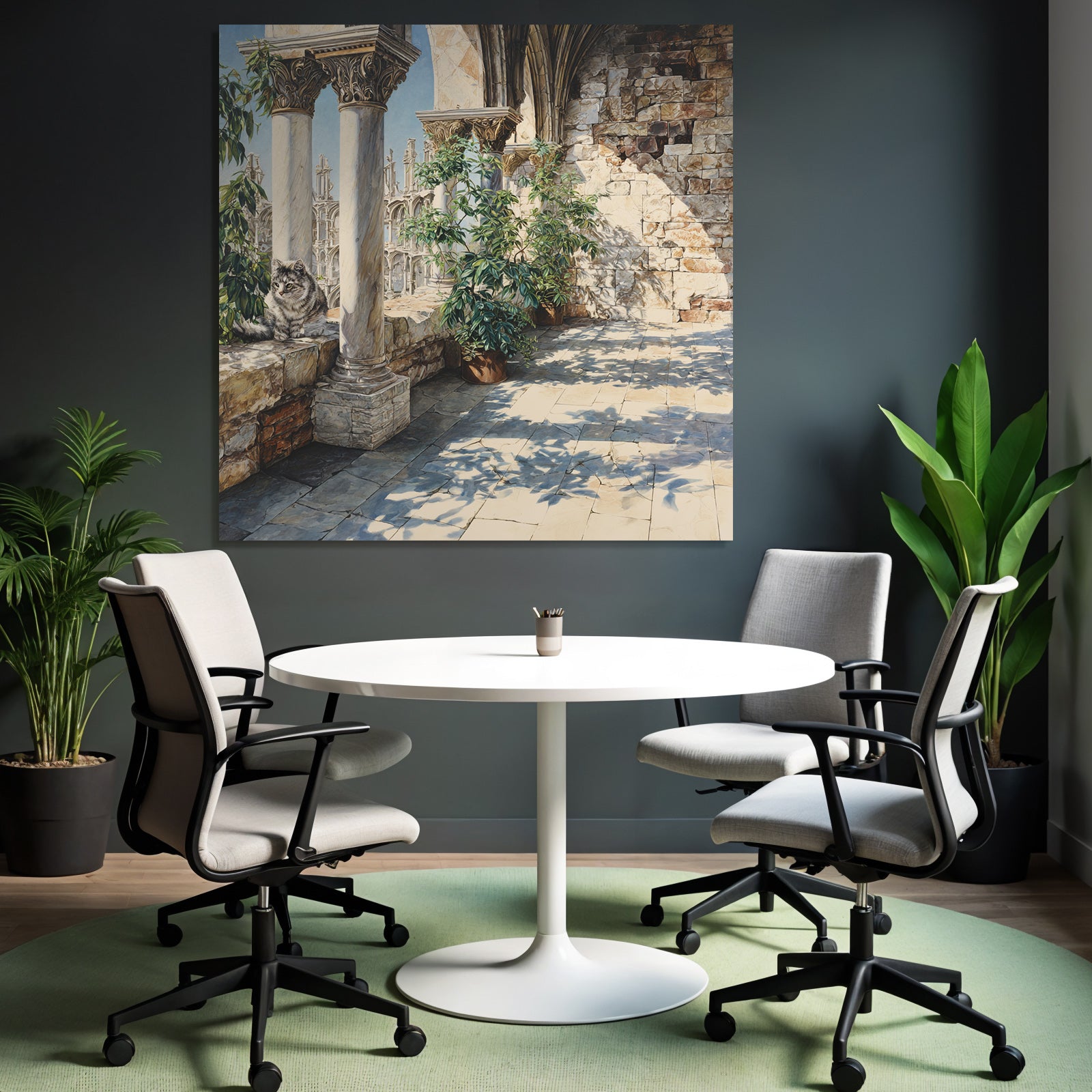 Architektonisches Setting Mit Pflanzen Und Katze