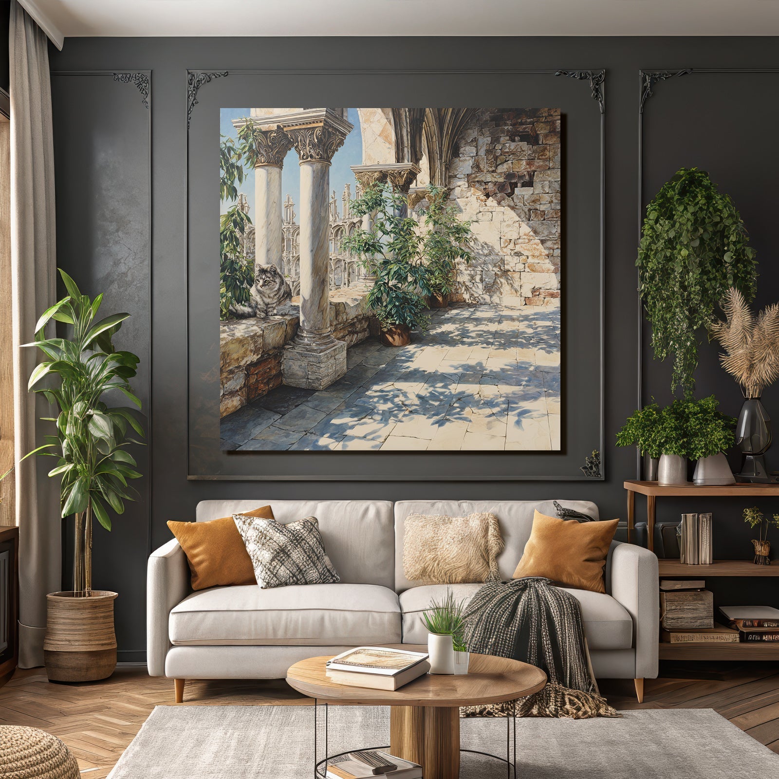 Architektonisches Setting Mit Pflanzen Und Katze