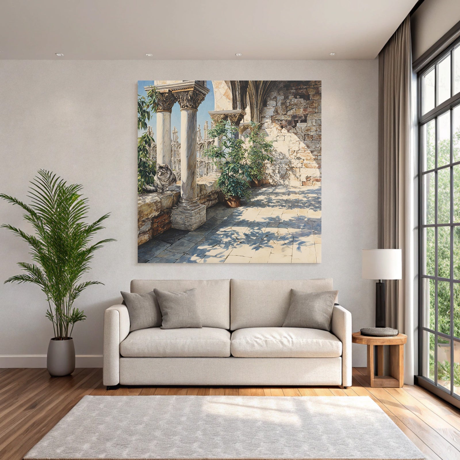 Architektonisches Setting Mit Pflanzen Und Katze