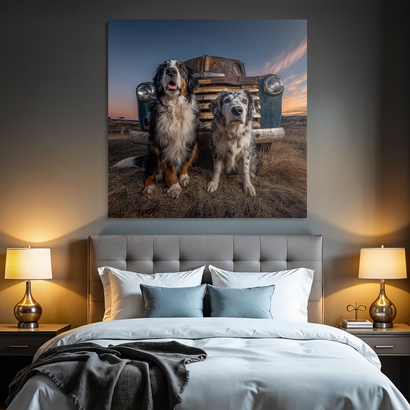 Bernese Mountain Dog Blü Merle Australian Shepherd Vintage Truck Sunset
