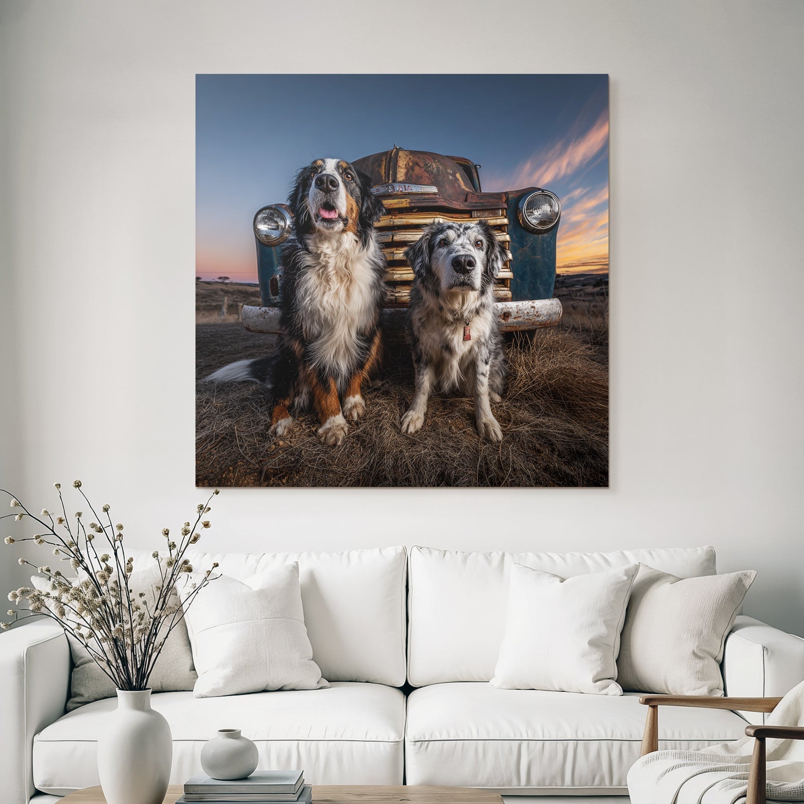 Bernese Mountain Dog Blü Merle Australian Shepherd Vintage Truck Sunset