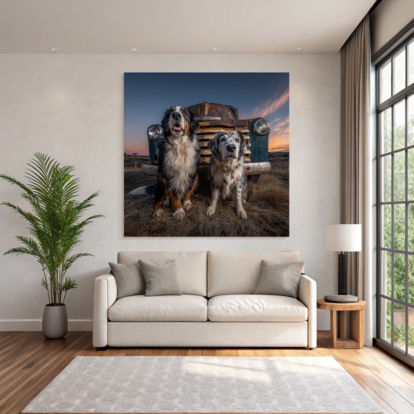 Bernese Mountain Dog Blü Merle Australian Shepherd Vintage Truck Sunset
