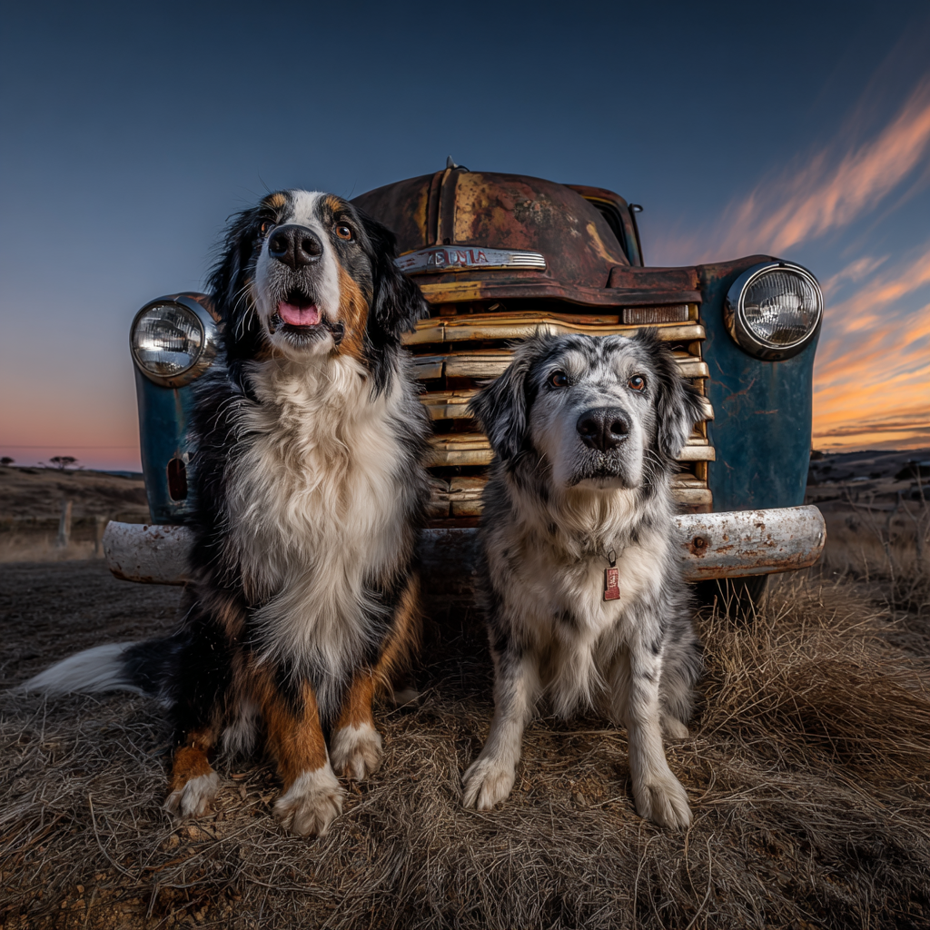 Bernese Mountain Dog Blü Merle Australian Shepherd Vintage Truck Sunset | Katzen und Hunde | Tiere