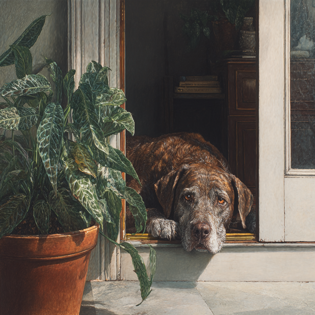 Brauner Hund Am Eingang Mit Pflanzen Im Hintergrund | Katzen und Hunde | Tiere