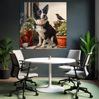 Corgi Am Fenster Mit Pflanzen Und Vogel