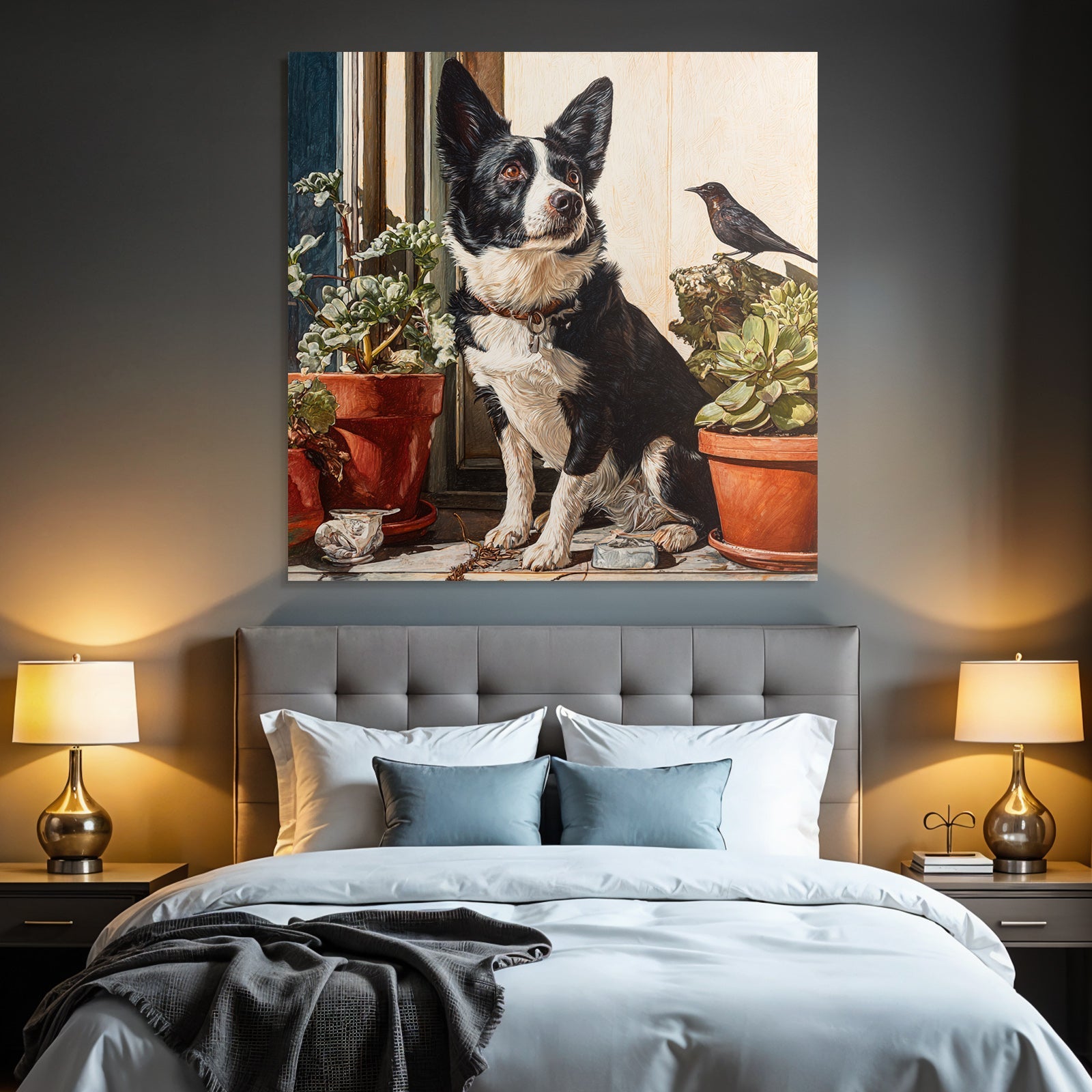Corgi Am Fenster Mit Pflanzen Und Vogel
