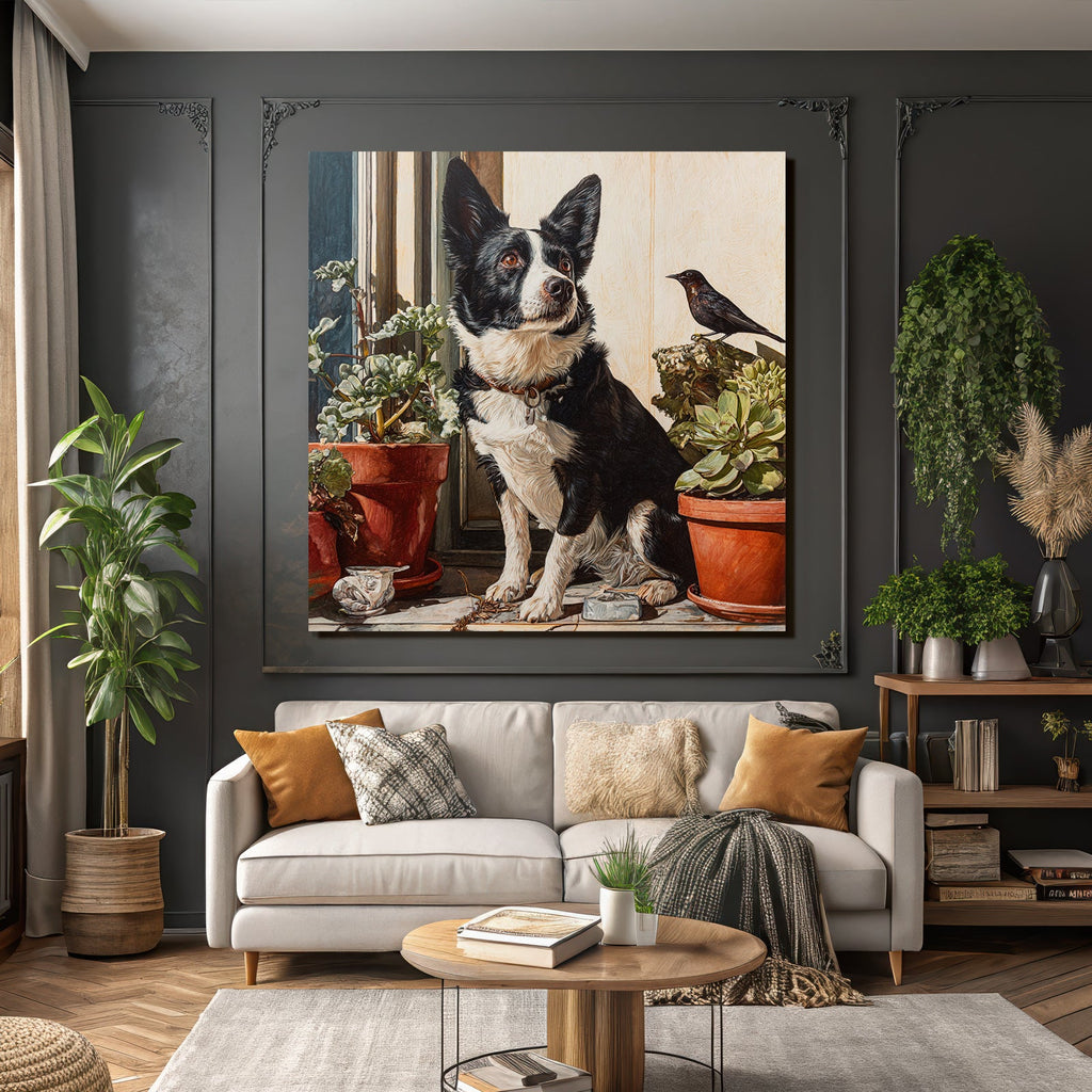 Corgi Am Fenster Mit Pflanzen Und Vogel