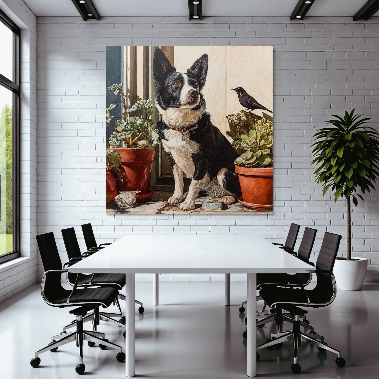 Corgi Am Fenster Mit Pflanzen Und Vogel