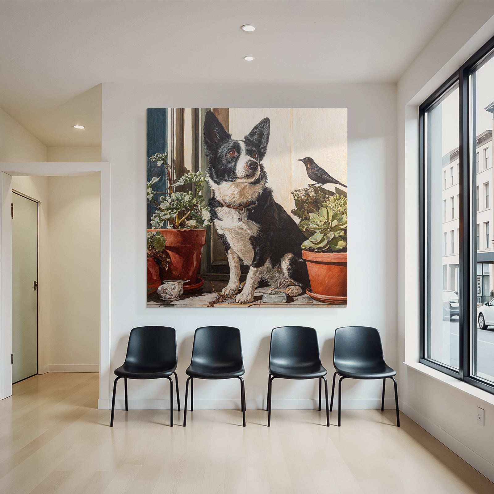 Corgi Am Fenster Mit Pflanzen Und Vogel