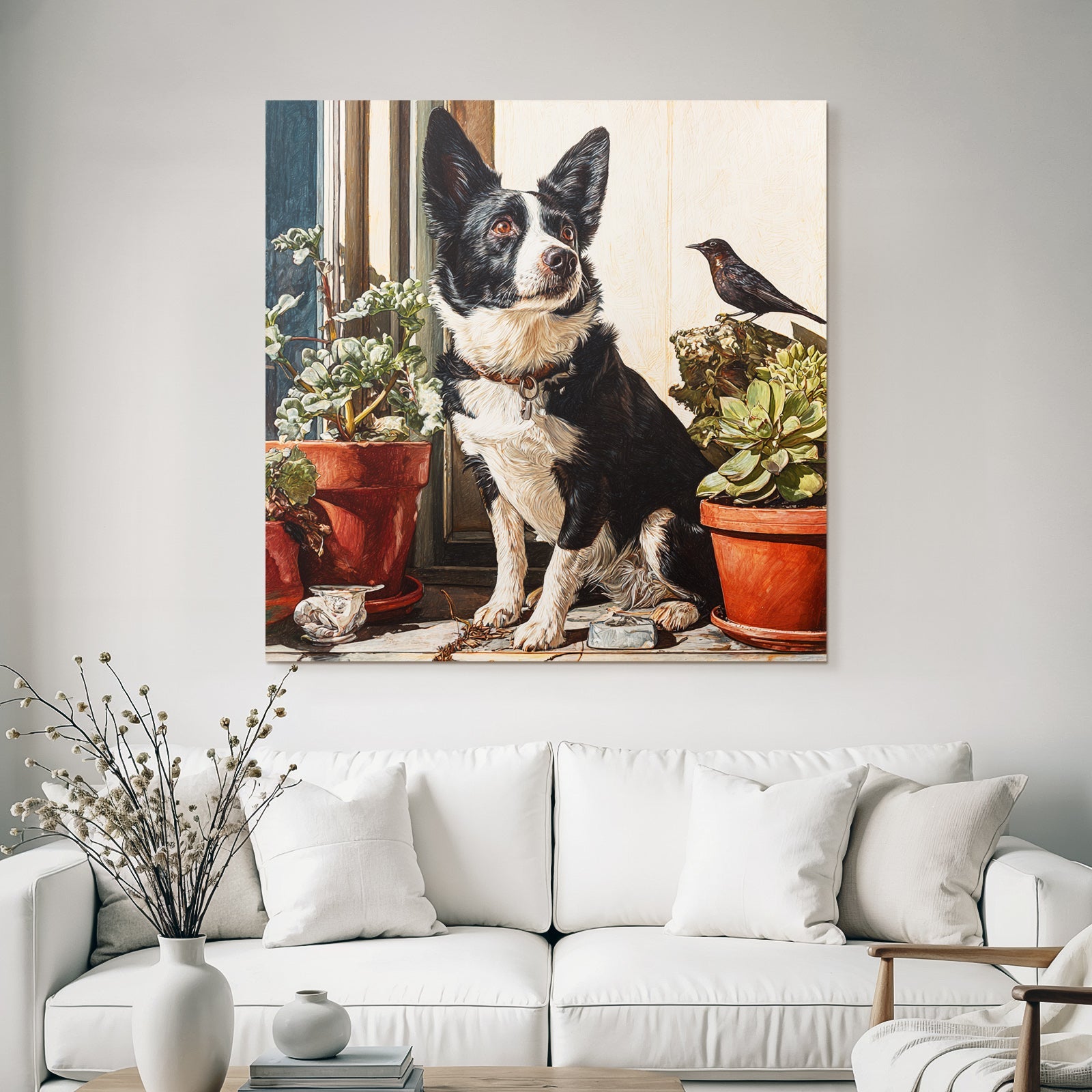 Corgi Am Fenster Mit Pflanzen Und Vogel