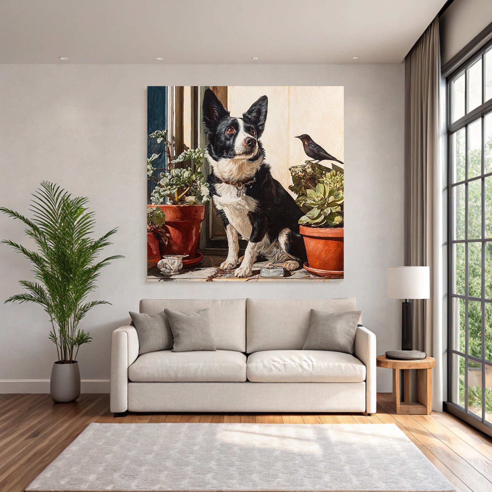 Corgi Am Fenster Mit Pflanzen Und Vogel