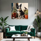 Corgi Am Fenster Mit Pflanzen Und Vogel