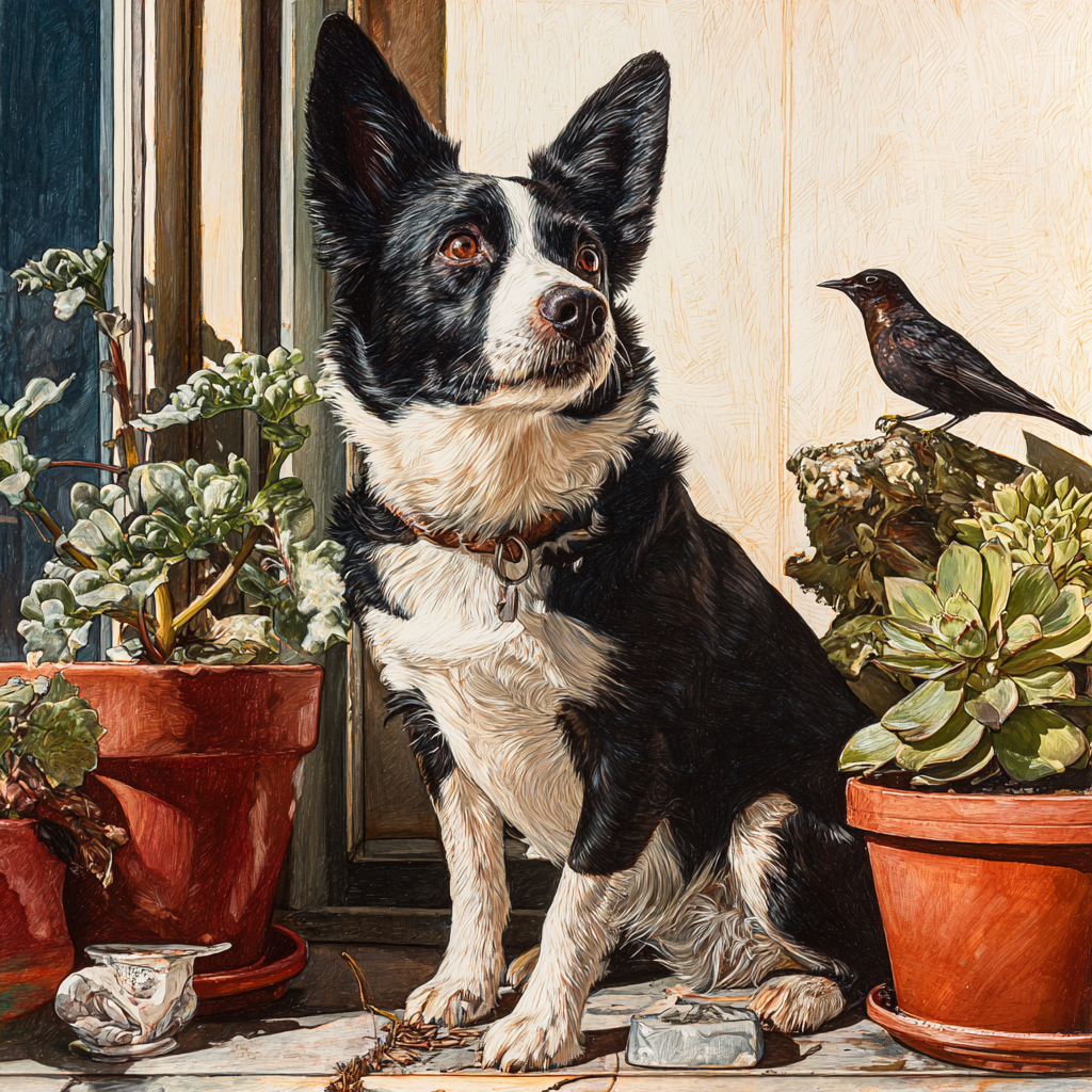 Corgi Am Fenster Mit Pflanzen Und Vogel | Katzen und Hunde | Tiere