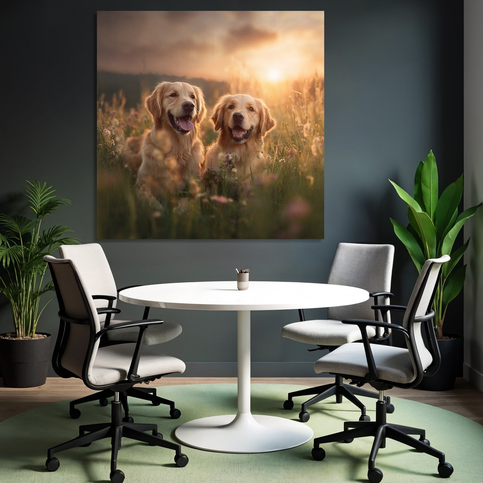 Golden Retriever Im Blumenfeld Bei Sonnenuntergang