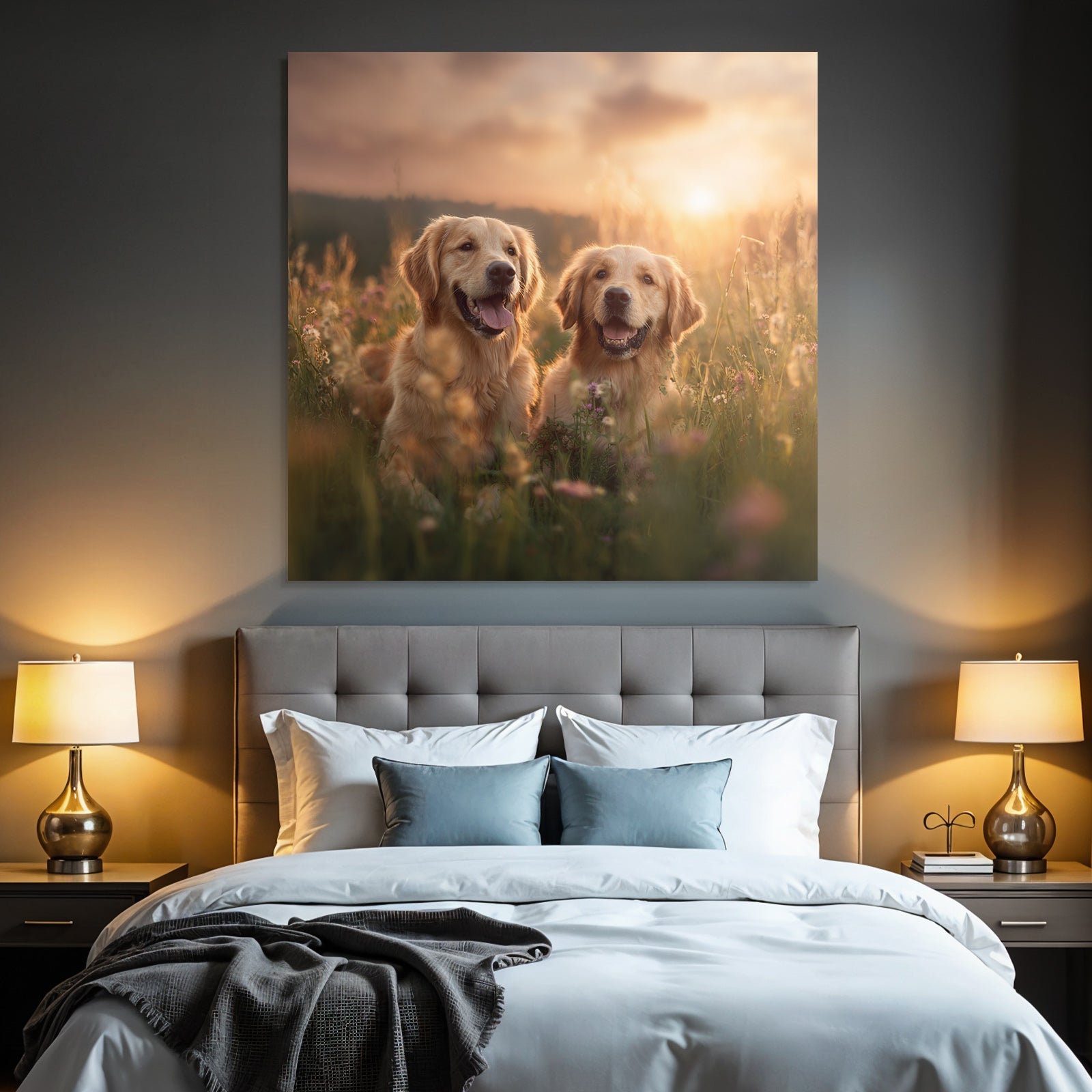 Golden Retriever Im Blumenfeld Bei Sonnenuntergang