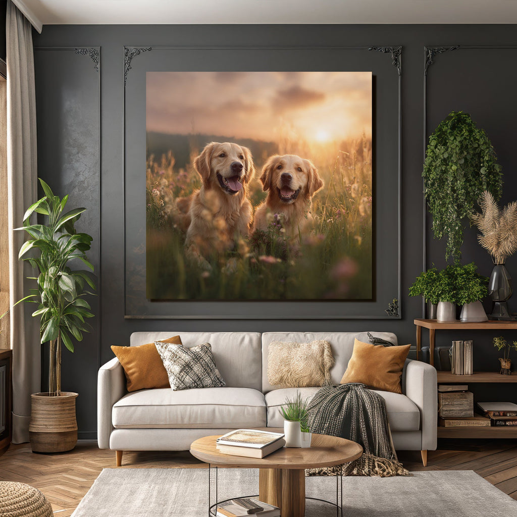 Golden Retriever Im Blumenfeld Bei Sonnenuntergang