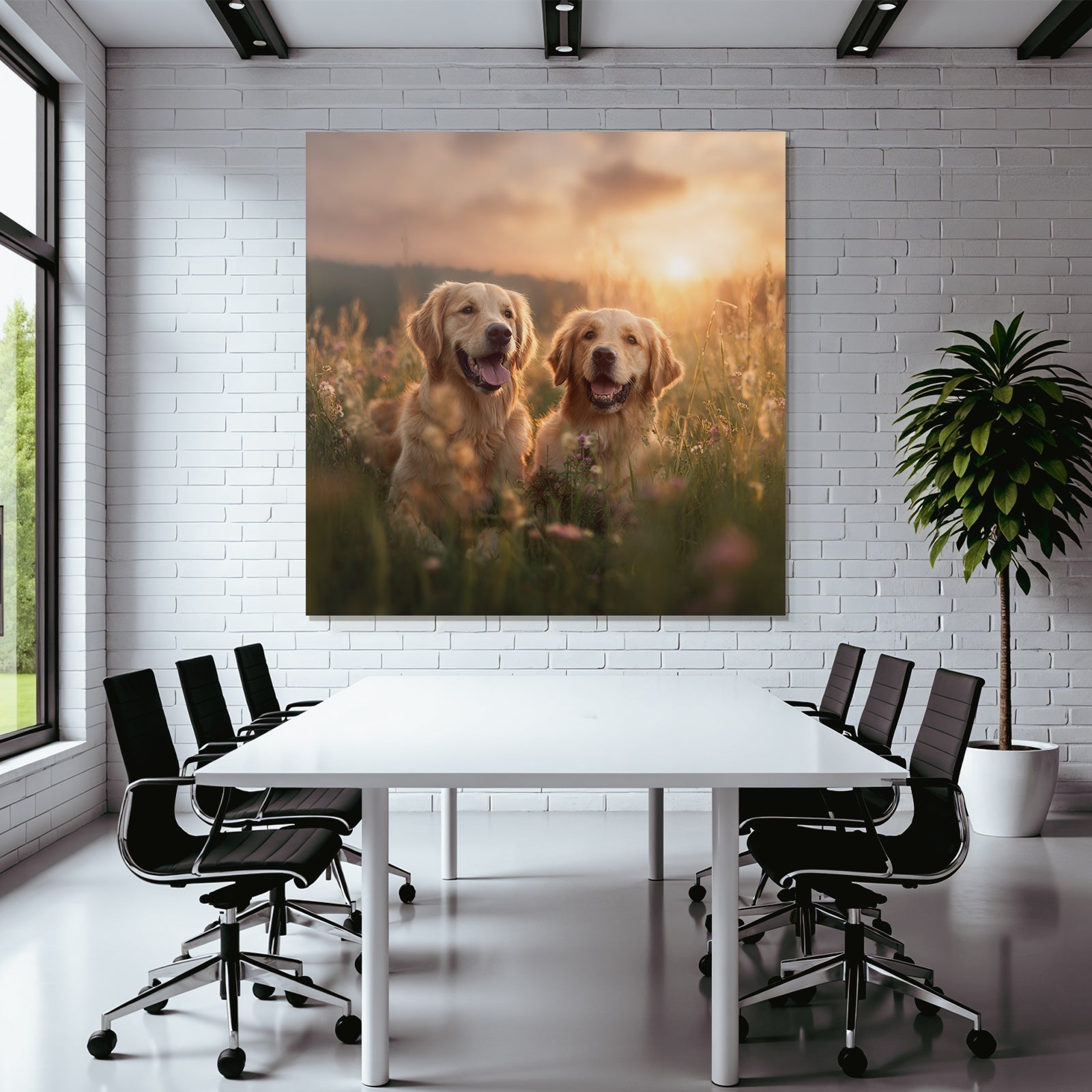 Golden Retriever Im Blumenfeld Bei Sonnenuntergang