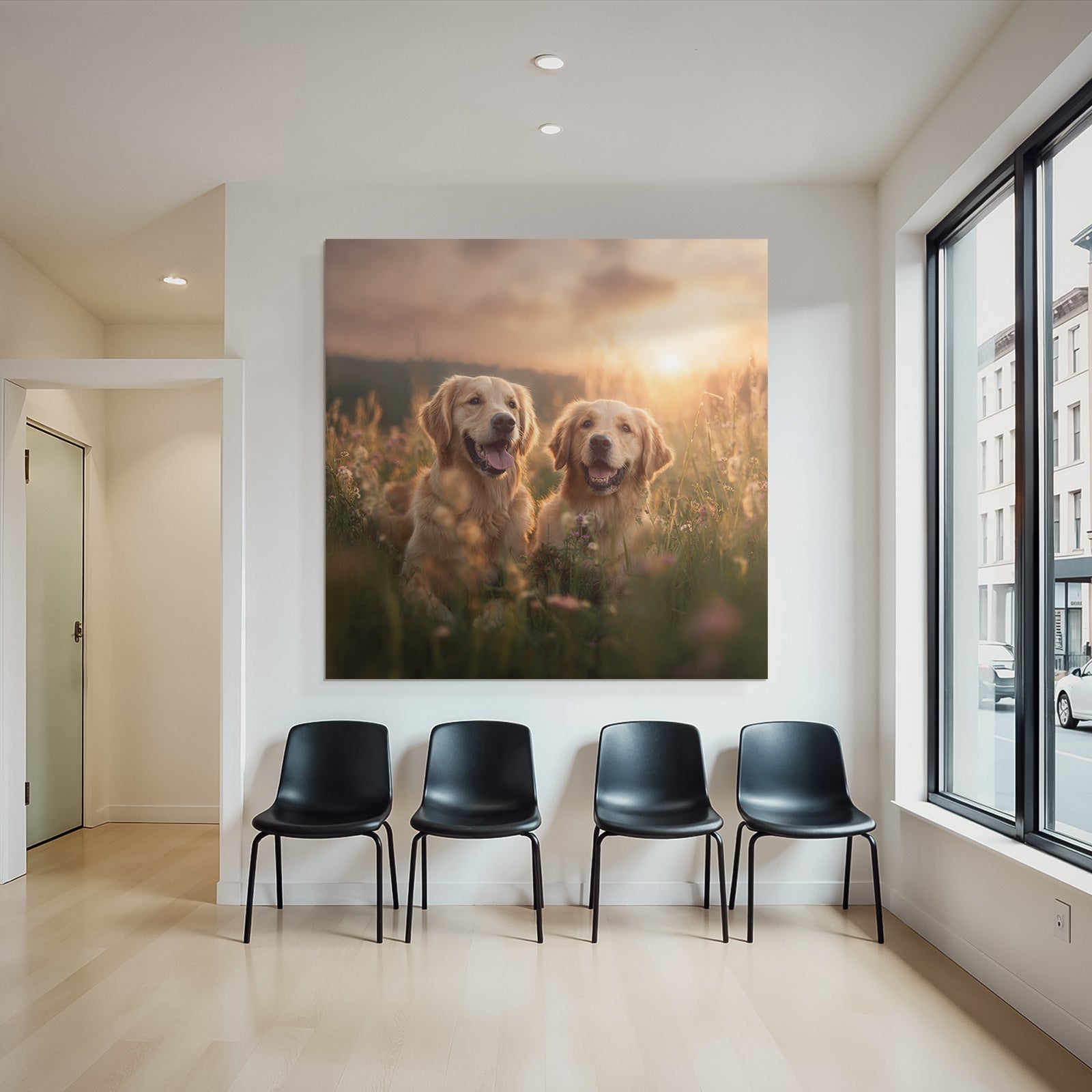 Golden Retriever Im Blumenfeld Bei Sonnenuntergang