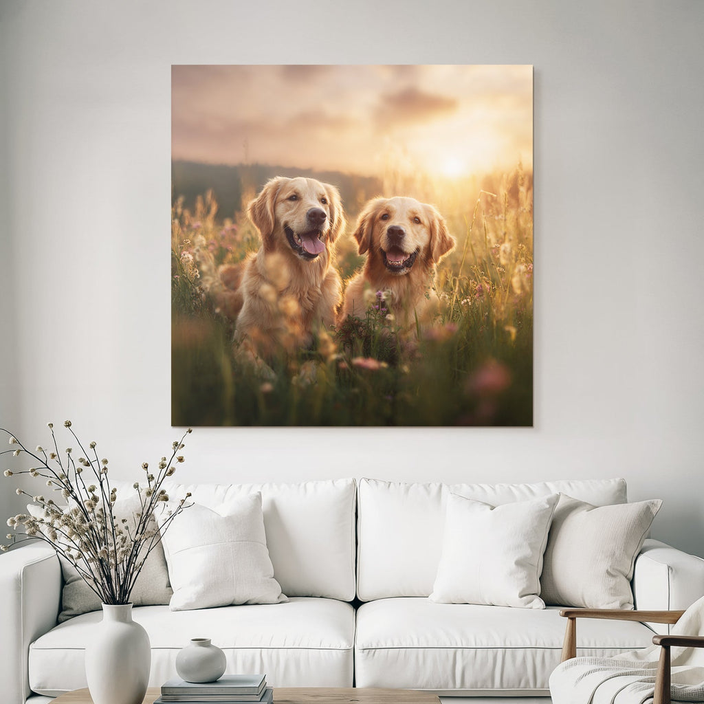 Golden Retriever Im Blumenfeld Bei Sonnenuntergang