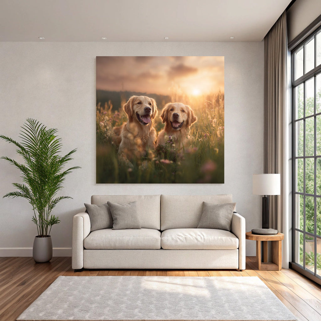 Golden Retriever Im Blumenfeld Bei Sonnenuntergang