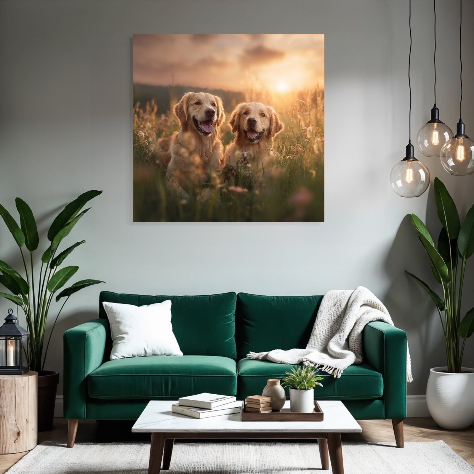 Golden Retriever Im Blumenfeld Bei Sonnenuntergang