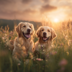Golden Retriever Im Blumenfeld Bei Sonnenuntergang | Katzen und Hunde | Tiere