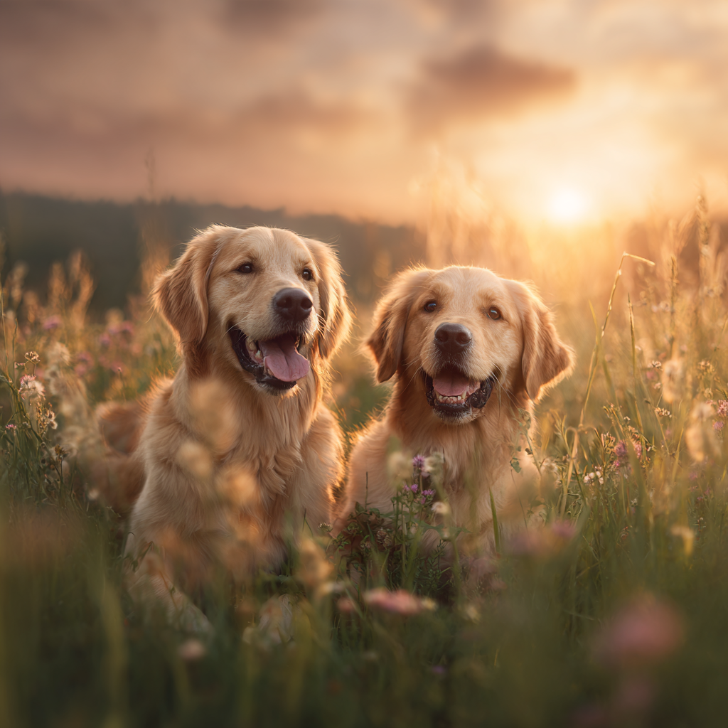 Golden Retriever Im Blumenfeld Bei Sonnenuntergang | Katzen und Hunde | Tiere
