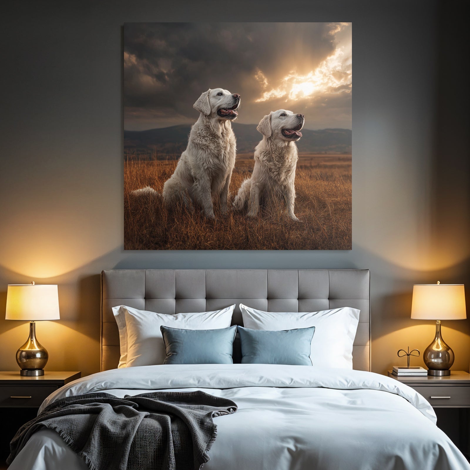 Golden Retriever Im Grünen Feld Mit Sonnenuntergang
